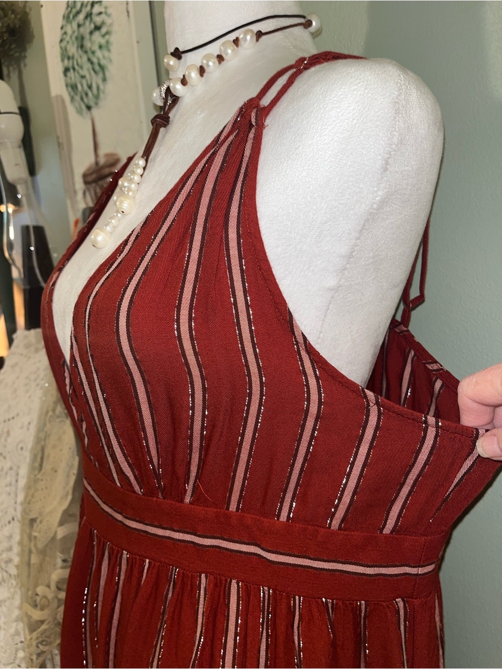 Adjustable Straps V-Neck Striped Maxi Dress in Deep Burgundy - Picture 4 of 12